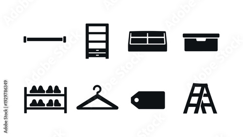 Home closet organizer items: closet rod, shelf unit, drawer organizer, storage bin, shoe rack, hanger, label tag, step ladder