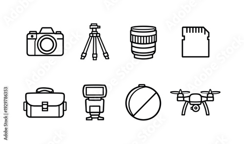 Photography gear: camera, tripod, lens, memory card, camera bag, flash unit, light reflector, drone