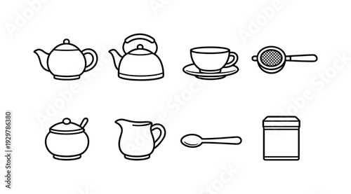 Home tea brewing items: teapot, tea kettle, tea cup, tea strainer, sugar bowl, milk jug, teaspoon, tea tin