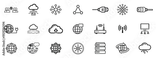 Global Network and Communication Outline Icon Set – Globe, WiFi, Signal, Satellite and Digital Connection Linear Vector Collection