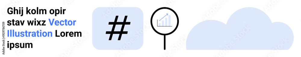 Fototapeta premium metadata tag, magnifying glass with graph, and cloud in light blue minimalist style. Ideal for analytics, data visualization, social media, cloud computing, tech marketing, research simple landing