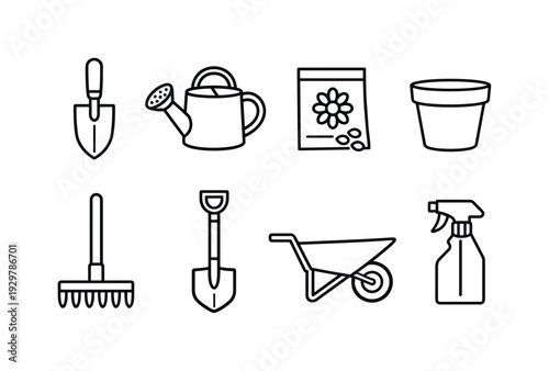 Garden flower planting essentials: garden trowel, watering can, seed packet, flower pot, rake, shovel, wheelbarrow, spray bottle