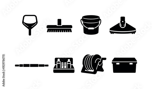 Home pool maintenance tools: pool skimmer, pool brush, chlorine bucket, pool vacuum, telescopic pole, test kit, hose reel, storage box