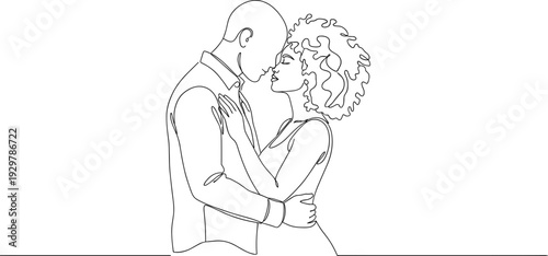 Continuous line drawing of romantic couple embracing, man and woman in intimate love pose, minimalist vector art illustration for Valentines.