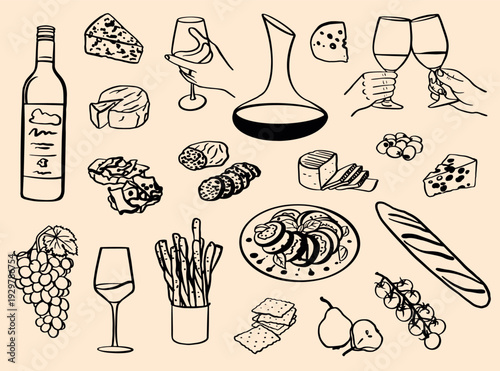 Hand Drawn Wine and Cheese Collection in Line Art Style.Hand drawn wine and cheese collection in detailed line art style on neutral background. Set includes wine bottle, glasses, decanter