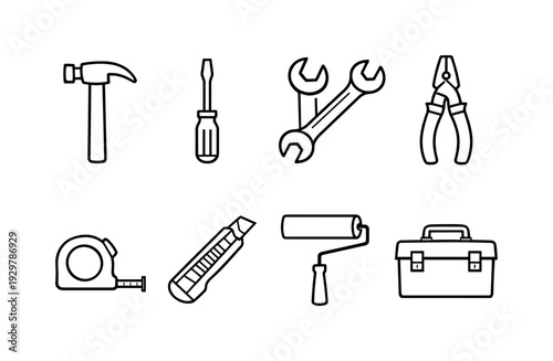 Hardware store tools: hammer, screwdriver, wrench, pliers, tape measure, utility knife, paint roller, toolbox