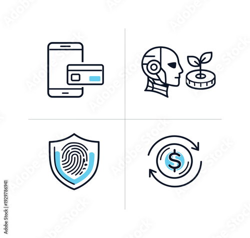 Financial technology innovation and digital banking transformation in a modern economy, illustrating mobile payments, automated investing, secure