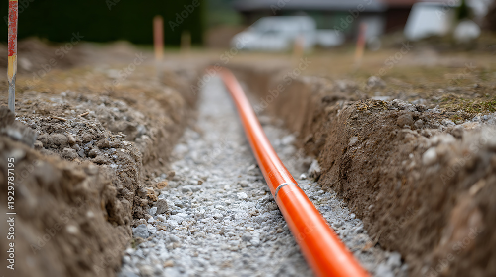 Naklejka premium Orange pipe laid in a narrow trench across rough ground, ready for utility connection or landscape irrigation infrastructure project
