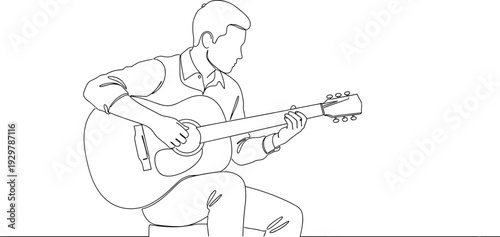 Continuous line drawing of young man playing acoustic guitar sitting down, musician performing folk music, minimalist artistic vector illustration isolated.