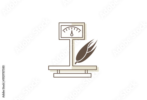 Simple brown vector illustration depicting a grain stalk being weighed upon a stylized measurement scale on transparent background