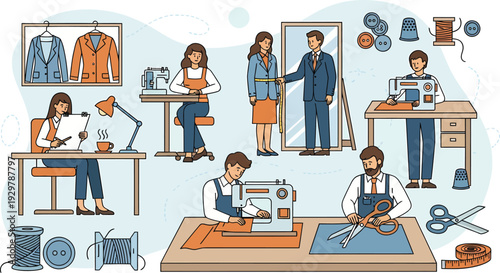 Fashion design studio with designers and tailors at work