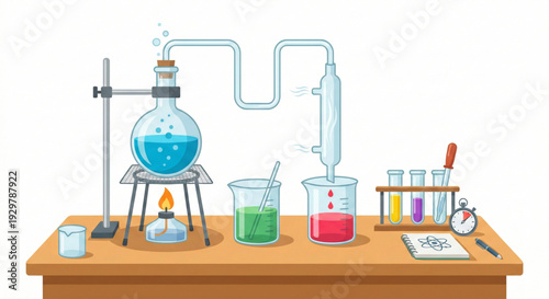 Chemistry laboratory glass beaker and flask experiment set