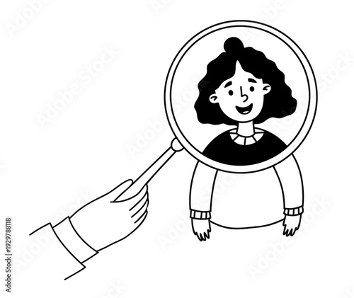 HR Manager Hand with Magnifying Glass Searching for Female Candidate. Recruitment Selection Concept. Outline Doodle hand-drawn. Vector illustration