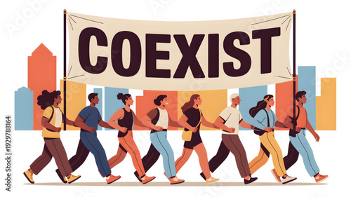 Diverse people walking together coexist.