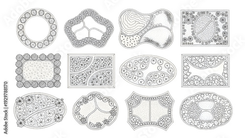 Garden Flower Bed Outline Symbols Plan View Line Art for Outdoor Landscape Layouts