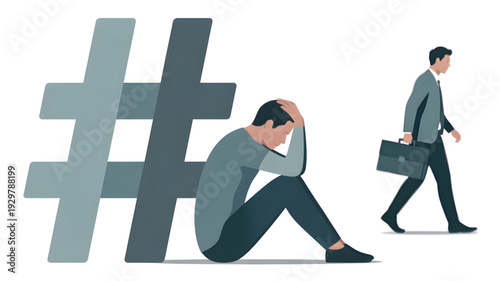 Stressed businessman with large hashtag.