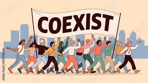 Diverse people marching for coexistence together.