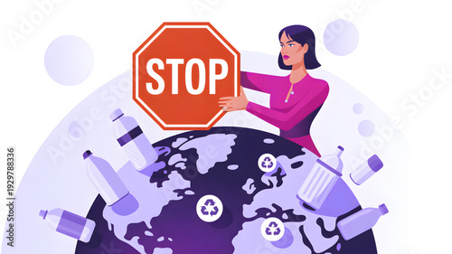 Woman stopping pollution on earth globe.