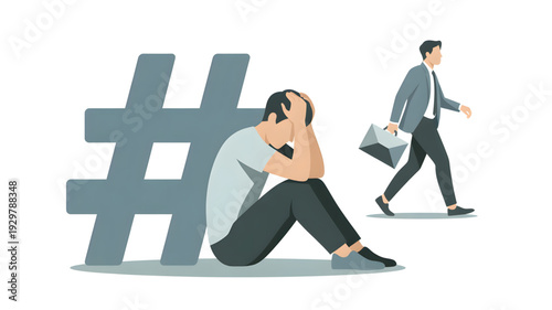 Stressed woman sitting with large hashtag.