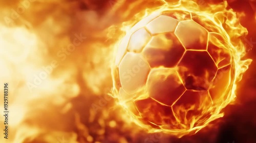 A soccer ball engulfed in vivid, dynamic flames, glowing with intense fiery energy