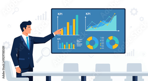 Man Presenting Financial Data and Charts on a Screen in a Meeting Room