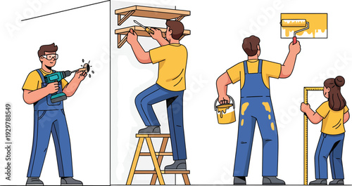 Construction workers installing a wooden structure and signs