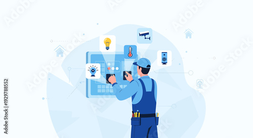 Smart Home System Installation Technician Setting Up Control Panel