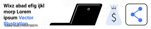 Online payments, digital marketing, business growth, e-commerce, data sharing, tech solutions. Laptop, money bag and share icon elements in design. Online payments and digital marketing