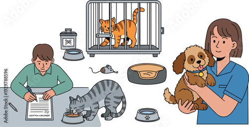 Veterinary clinic scene with pets and staff