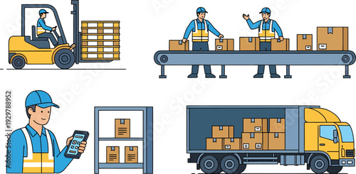 Warehouse workers engaged in shipping and logistics activities