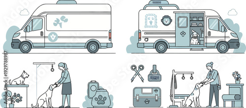 Illustrations of ambulance vehicle and medical emergency response team