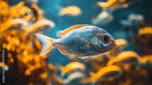 Close-up of a silvery fish with orange fins, swimming amidst blurry orange forms underwater