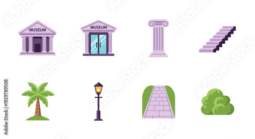 Flat art museum and architectural icons with nature elements