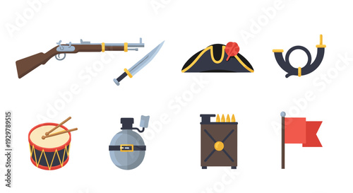Historical military icons set featuring weapons, hat, drum, and flag