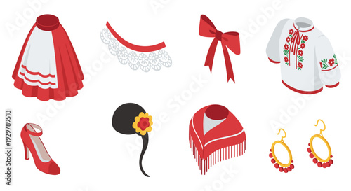 Traditional eastern european clothing and accessories in isometric style