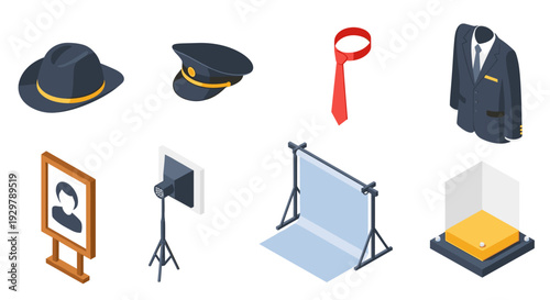 Isometric collection of fashion accessories and studio elements for stylish photography