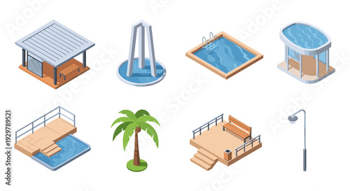 Isometric outdoor park elements with swimming pools and structures