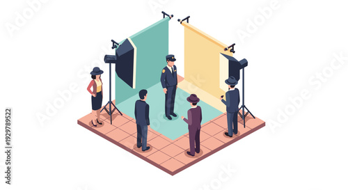 Isometric film set with crew and actor in studio environment