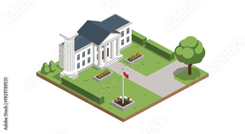 Isometric government building with columns and garden in modern landscape design