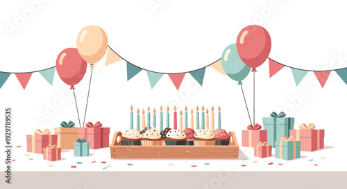 Colorful birthday celebration with balloons, cupcakes, and gift boxes