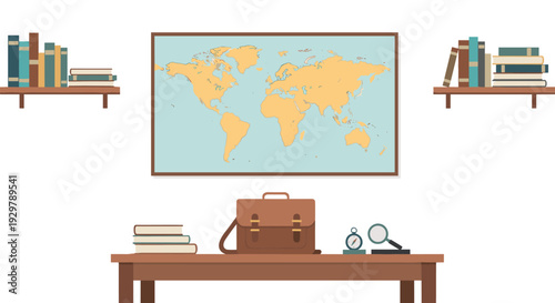 Office workspace with world map and books on shelves in flat design