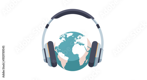 Global music concept: earth with headphones in minimalist flat design