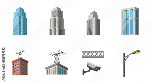 Modern cityscape elements: skyscrapers, antennas, security cameras, streetlights in detailed design