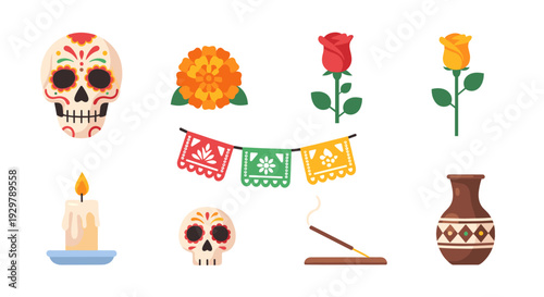 Colorful día de los muertos elements with sugar skulls and flowers on white background