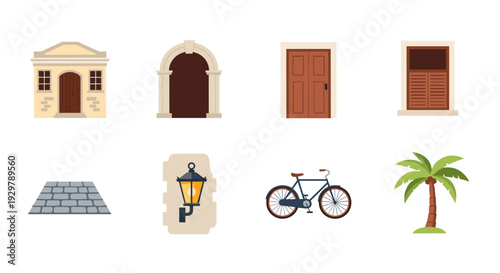 Collection of flat style doors, bicycle, and palm tree icons