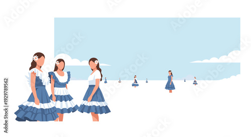 Women in blue dresses in surreal endless cloudscape