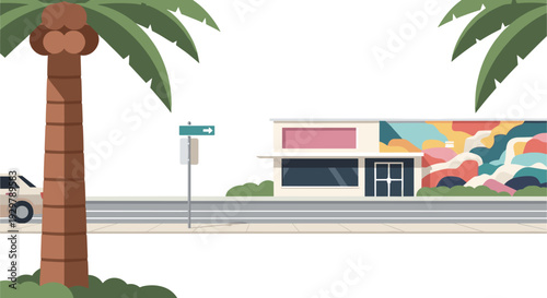 Modern cityscape with colorful abstract wall mural and palm trees in minimalist style