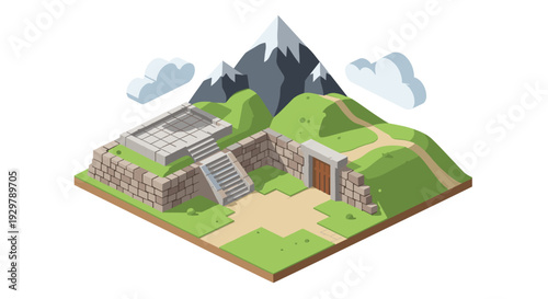 Isometric mountain landscape with stone path and green hills