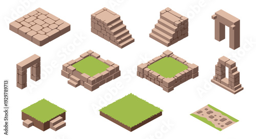 Isometric brick and grass block set for game design and architecture