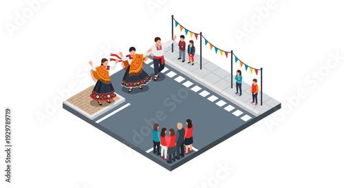 Isometric street performance with traditional dancers and spectators